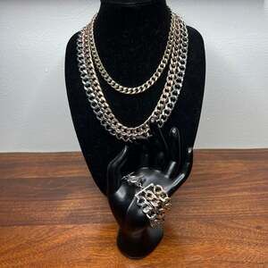 Chunky Mixed Metal Layered Chain Necklace and Toggle Bracelet Set